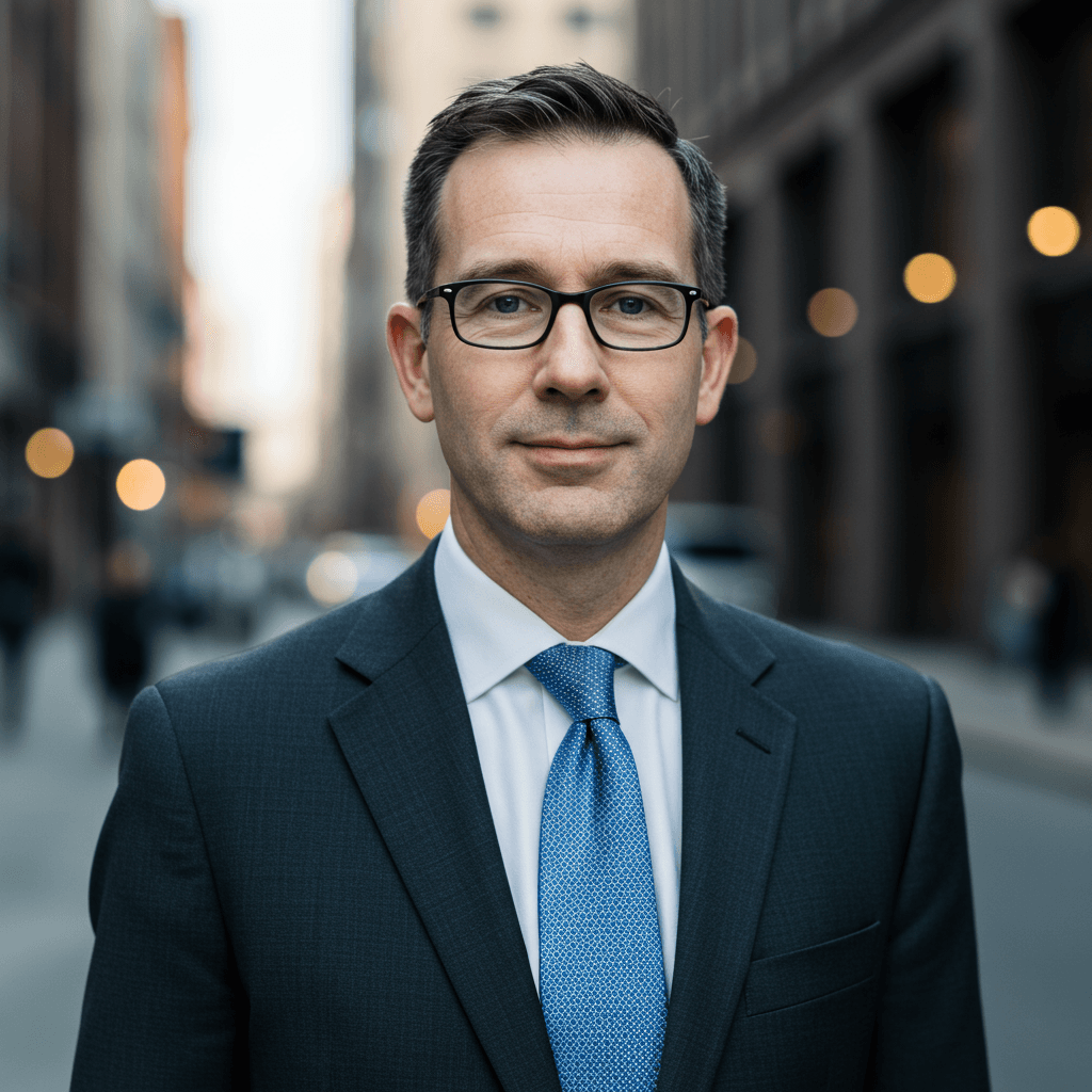 a professional headshot of a Financial Services professional with a blurred street scene background